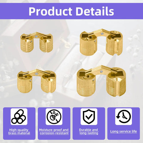 8Pcs Brass Barrel Hidden Hinges Set With 8mm 10mm 12mm And 14mm Sizes, 180 Degree Opening Concealed Cabinet Hinges for DIY Jewelry Box