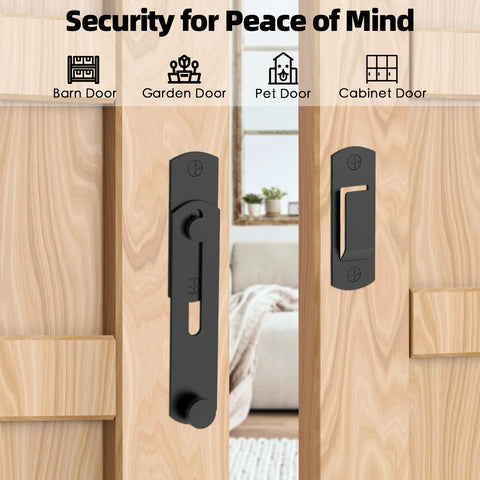 180 Degree Flip Sliding Barn Door Lock For Privacy And Safe Door Lock Latch on wooden barn door with black finish