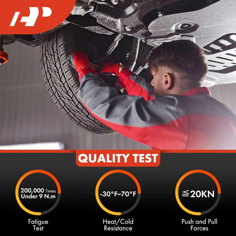Mechanic testing rear upper control arms set on vehicle, focusing on durability and installation quality