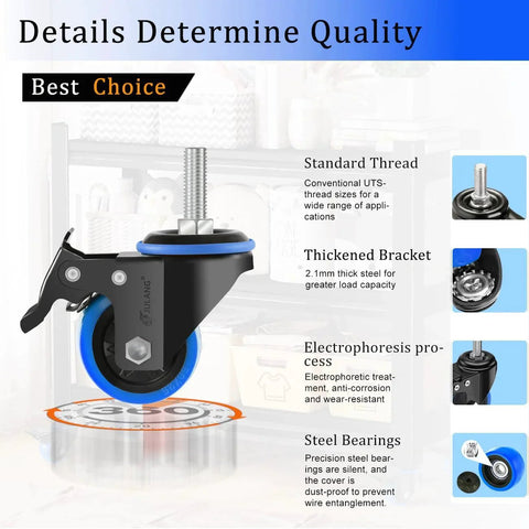 2 Inch Caster Wheels Set Of Four With Five Sixteenth Inch Threaded Stem Heavy Duty Locking Casters For Wire Shelving Carts