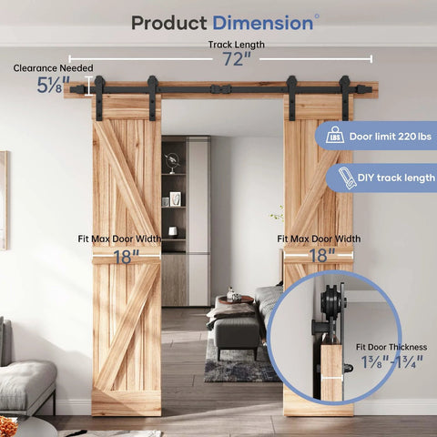 6 Ft Double Door Sliding Barn Door Hardware Track Kit With Straight Pulley Built To Last Heavy Duty Steel Black Powder Coat showcasing door dimensions and installed view.