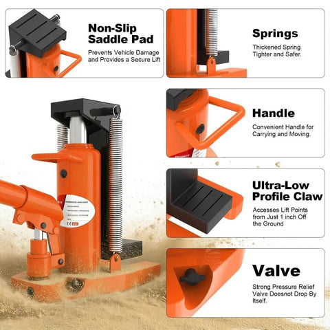 Beefy Heavy Duty Toe Jack 5 Ton And 2.5 Ton Hydraulic Floor Jack with non-slip saddle, springs, and handle for versatile use.