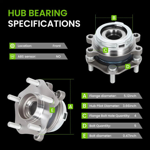 Specifications for Front Wheel Hub Bearing Assembly 513296 For 5 Lug Nissan And Infiniti Vehicles Non ABS, showing details and measurements