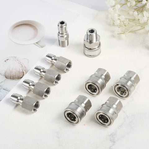 Ten Pieces Stainless Steel Pressure Washer Quick Disconnect Fittings Set For One Quarter Inch Hoses With Male And Female Threads Quick Connect Adapters Durable Silver Power Washer Kit Accessories displayed on a marble surface
