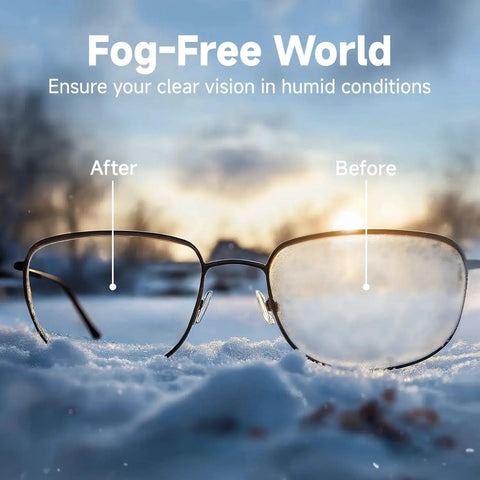 Before and after comparison of glasses with Anti Fog Lens Wipes For Glasses And Screens Premoistened Individually Wrapped.