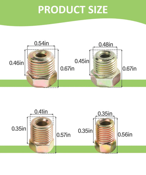 Four gold copper-nickel brake line fittings with hex nuts, showing varying sizes.