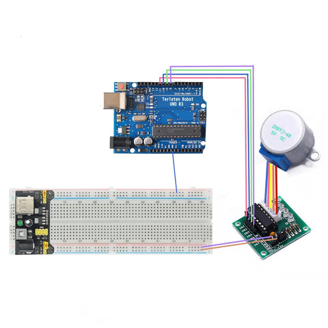 1x Arduino Uno R3 board, 1x ULN2003 driver module, 1x 28BYJ-48 5V stepper motor on breadboard