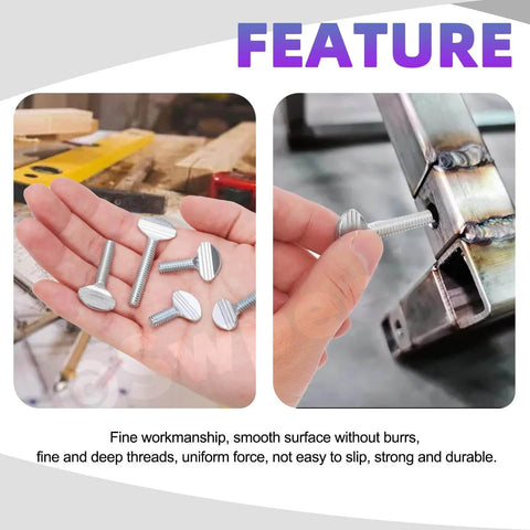 Hand holding 50Pcs Thumb Screw Assortment Kit, 1/4-20 Thread, fully threaded galvanized carbon steel for equipment assembly and woodworking.