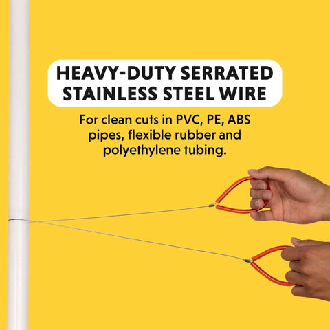 Serrated PVC Pipe Cable Saw 24 Inch being used to cut PVC pipe, featuring stainless steel wire and comfort grip handles.