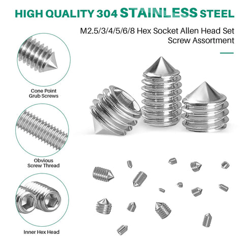 Stainless Steel Cone Point Set Screws Kit with Internal Hex Drive M2.5-M8, 304 Grade, shown in various sizes and configurations.