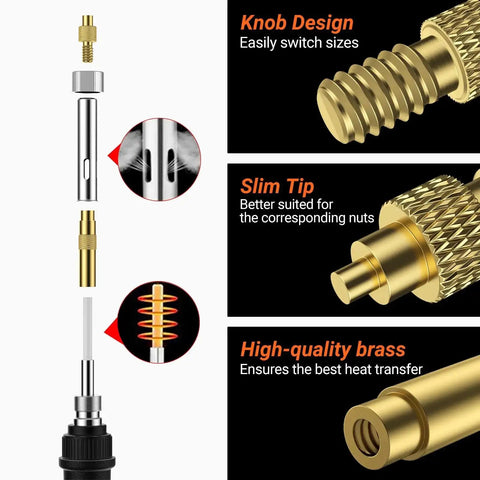 Diagram of Heat Set Insert Tip Set With Soldering Iron 60W showing threaded inserts, brass tips, and design features for plastic parts.