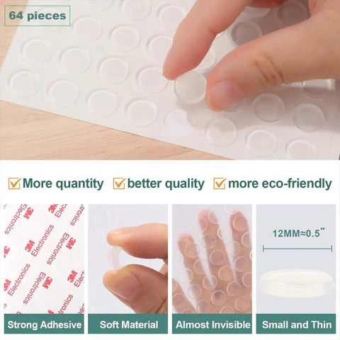 Clear Adhesive Cabinet Bumpers 0.5 Inch Non Slip Rubber Dots For Soft Close shown in packaging and in use