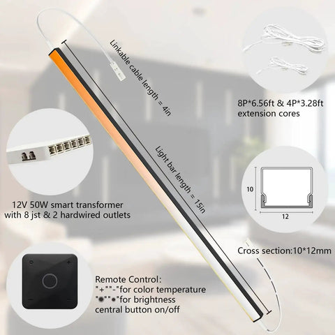 Linkable 15 Foot CCT COB LED Light Bar Kit With 12 Bars 2700K To 6500K Tunable White High CR90 Plus Color Rendering details and specs
