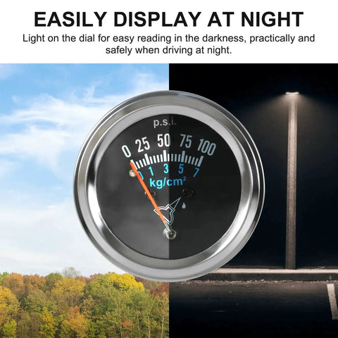 Oil Pressure Gauge Kit 0-100 PSI For All 12V Cars Universal Fit 2 Inch Dial with night light display, outdoor and night view background