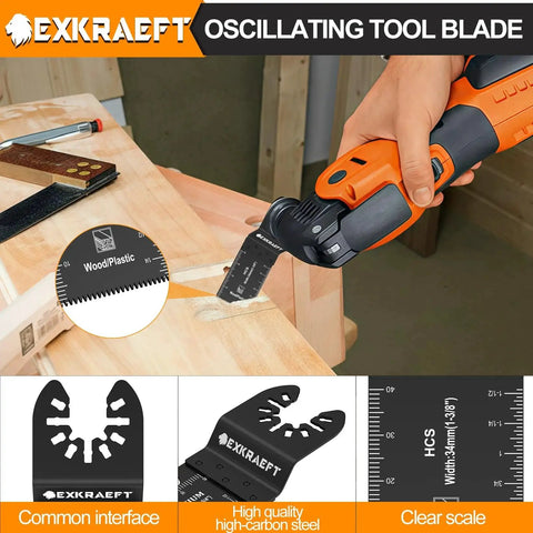 Person using multitool with Titanium Oscillating Saw Blades Set For Metal Wood And Plastic 110 Piece Multitool Blades Kit.