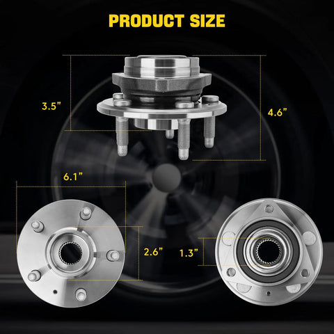 Drop In Replacement Wheel Bearing And Hub Assembly Set For GM Vehicles With 5 Lug Hubs And ABS Front Or Rear Fits Malibu Impala Equinox Terrain Lacrosse Regal Cadillac XTS CTS 2 Pack, product size dimensions displayed