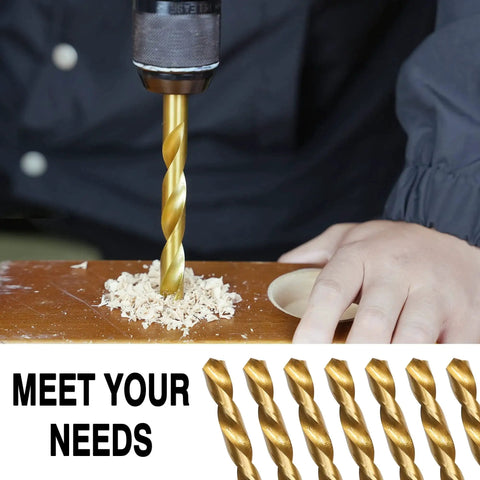 High Quality 99 Piece Drill Bit Set With 135 Degree Titanium Coated HSS Bits For Iron Aluminum Copper Wood And Plastic In A Solid Hard Storage Case 1 Sixteenth Inch To 3 Eighths Inch GMTOOLS being used to drill into wood