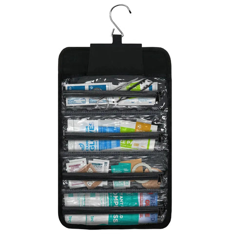 Ready To Go 73 Piece Coaches And Team Sports First Aid Kit In Roll Up Bag showing organized supplies in hanging pockets.