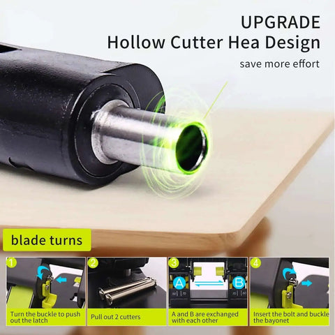 Close-up of 2 Hole Paper Punch With Adjustable 70Mm Or 80Mm Spacing And 6Mm Hole showing hollow cutter head design and assembly steps.