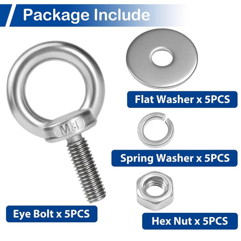Package showing Built Tough 5 Pack M8 Stainless Steel Eye Bolts With Nuts And Washers, 1 Inch Thread Length, for Rigging and Anchoring