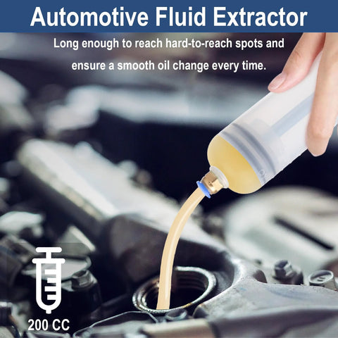 Ecocstm 200CC fluid extractor being used to suction engine oil; syringe-style pump with clear body and yellow oil.
