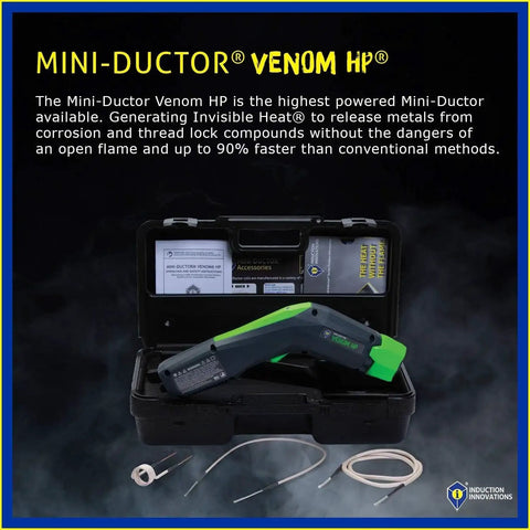 Venom HP Mini Ductor Induction Heater For Rusted Fasteners And Bearings With 3 Coils, Rugged Carry Case, And Manual displayed