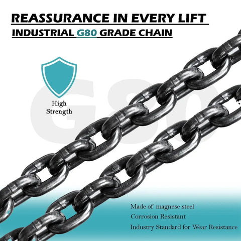 Close-up of high-strength G80 industrial grade chain, made of manganese steel, showing durability and wear resistance features.