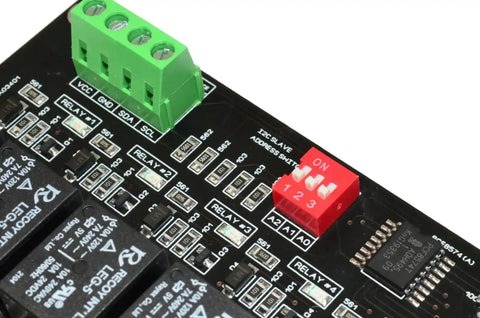 Close-up of Eight Channel I2C Relay Module for Arduino Raspberry Pi ESP32 and Home Assistant, showing SPDT contacts and circuit board details