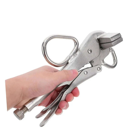 Person holding a Heavy Duty Auto Body Sheet Metal Clamp Pliers With Wide Duckbill Jaw For Welding, Bending And Pulling, Secure Locking Mechanism.