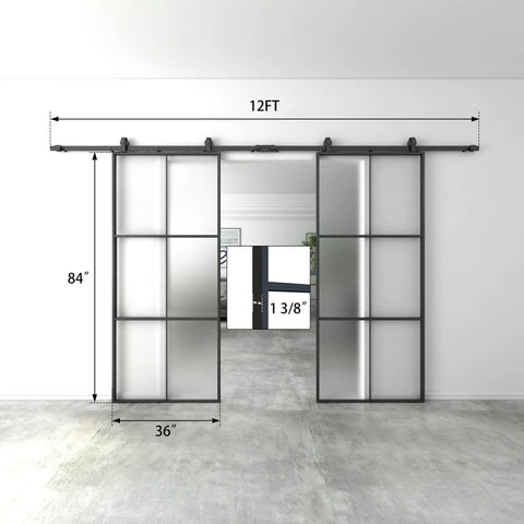 72 By 84 Inch Double Glass Barn Door With Frosted Glass And Black Aluminum Frame Sliding Door Hardware Kit Installed