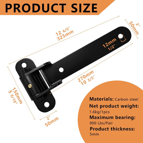2 Pack Heavy Duty Gate Hinges Weld On Or Bolt On 900 Lbs Capacity 180 Degree Open with size details and carbon steel