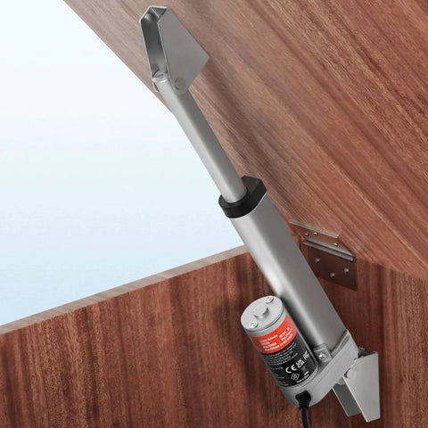 Heavy Duty 12V Linear Actuator, 4 Inch Travel, 330 Lbs Load, installed in wooden frame, includes mounting bracket, IP54 Weatherproof