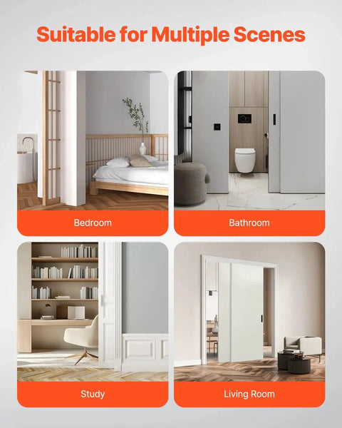 Heavy Duty Bypass Sliding Door Hardware Kit For Two Doors Four Foot Aluminum Alloy With Finger Pulls Closet Door Hardware Set Fits Doors From One And Three Eighths To One And Three Quarters Inches Thick Supports Up To One Hundred Fifty Pounds installed in bedroom, bathroom, study, and living room scenes.
