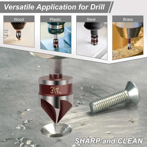 Versatile 82 Degree HSS Countersink Drill Bit Set For Wood Metal And Plastic With One Quarter Inch To Three Quarters Inch Hex Shank Five Piece Set For Fine Finishing And Precise Countersinking Every Time For Pros And DIYers in use on metal surface.
