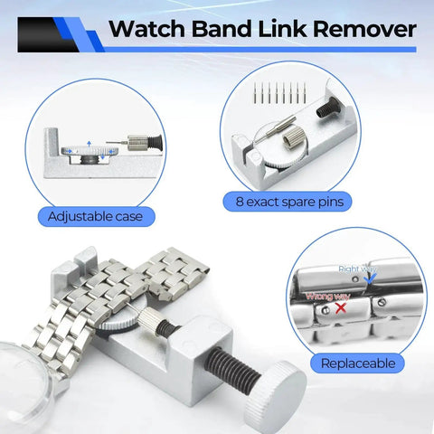 Watch band link remover from 192 Piece Watch Repair Kit Heavy Duty Tool Set With Link Remover Battery Replacement Tools shown.