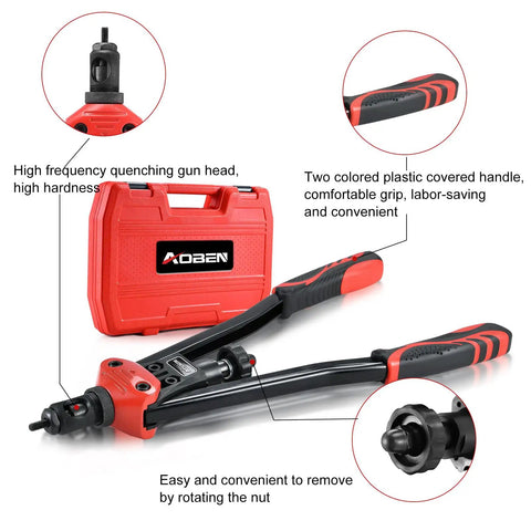 Rivet Nut Tool Kit With 16 Inch Quick Change Head, 12 Interchangeable Metric And SAE Mandrels, 145 Rivnuts, And Rugged Carrying Case For Pro Grade Fastener Installations shown with red case and ergonomic handles.