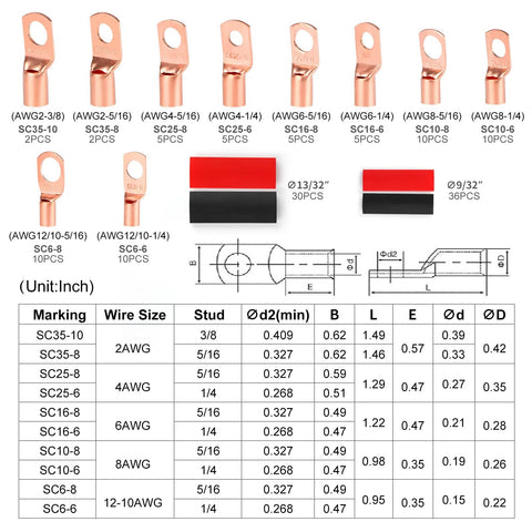 Bare copper wire lugs and ring terminals with red and black heat shrink tubes for AWG12–2 cables, 130-piece kit.