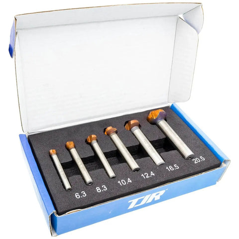 All In One Countersink Set 6 Pc 90 Degree Chamfer Bits For Fast Metal Wood Plastic Work, Sizes 1/4, 1/3, 2/5, 1/2, 2/3, 4/5 Inch, HSS 4241 Coated For Smooth Chip Flow And Quick Hole Prep TJR displayed in box
