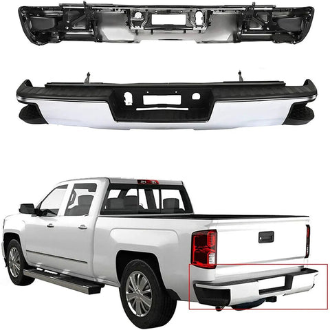Chrome Rear Bumper For 2014-2018 Silverado Sierra 1500 Without Park Assist Holes, shown uninstalled and installed on truck