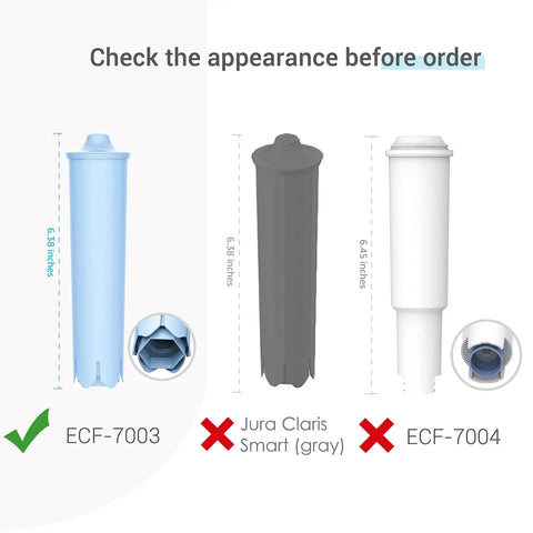 Front view of EcoAqua replacement coffee filters: blue ECF-7003, gray Jura Claris Smart, white ECF-7004.