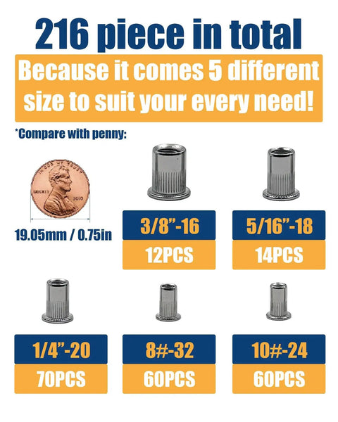 Pro Grade Rivet Nut Kit 216 Pc Stainless Steel Flat Head Riv Nut Assortment with 5 sizes compared to penny