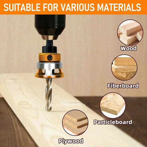 Countersink Drill Bit Set With Depth Stop drilling into wood, suitable for plywood, fiberboard, and particleboard.