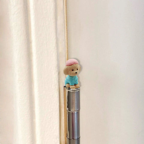 Whimsical Dog Themed Door Hinge Heads Set Of 6 Magnetic Toppers For Metal Surfaces installed on door hinge.