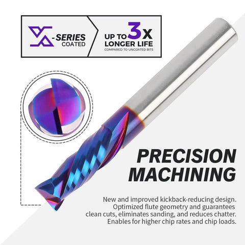 Compression Spiral CNC Router Bit 5 Pack Set With NACO Coated Solid Carbide End Mills, shown with focus on precision machining
