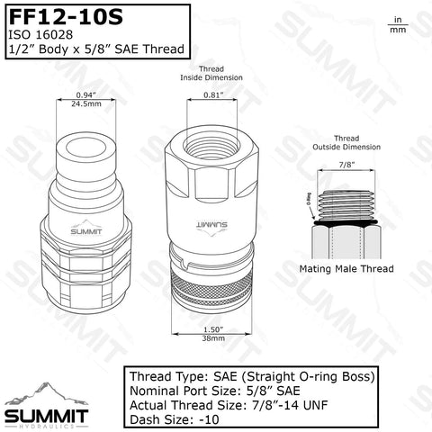 Summit Hydraulics FF12-10S SAE quick-connect coupling diagram; front and side views, 1/2 in body x 5/8 in SAE thread