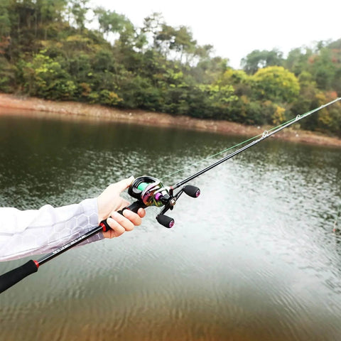 Angler using Carbon Fiber Fishing Rod 1.8m 2.1m Ultra Light Portable 5 To 6 Sections Baitcasting Reel Combo at a lake