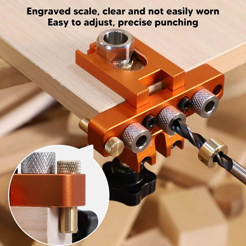 3 In 1 Doweling Jig Kit With Clear Engraved Scale Drilling Locator Puncher For Woodworking And Furniture Assembly in use