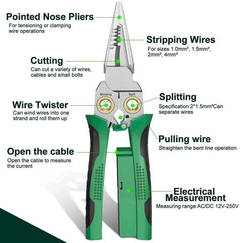 Eight In One Wire Crimping And Stripping Tool With Voltage Detector, labeled features, green handles, front view for electricians HVAC.