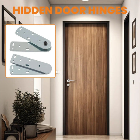 Hidden Bookcase Door Pivot Hinge Kit For Secret Doors With 500 Lb Capacity Heavy Duty Steel Hinges shown with wooden door