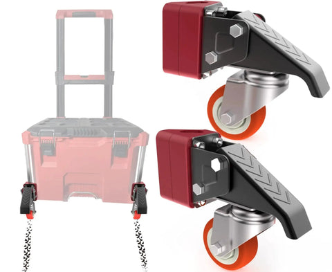 Front Wheels Upgrade Kit For Milwaukee Packout System Turn Your Packout Into A Four Wheel Dolly For Easier Maneuverability Across Garages Elevators And Sidewalks This Accessory Prevents Rear Flat Spots And Makes Transport Smooth On All Surfaces showing two red and black caster wheels with mounting hardware